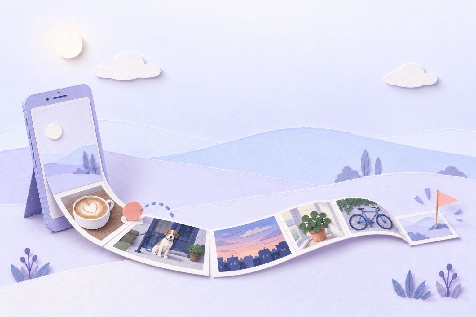 A paper-cut phone unrolls a strip of photo tiles into a small game path: a latte, a dog, an evening sky and a bicycle
