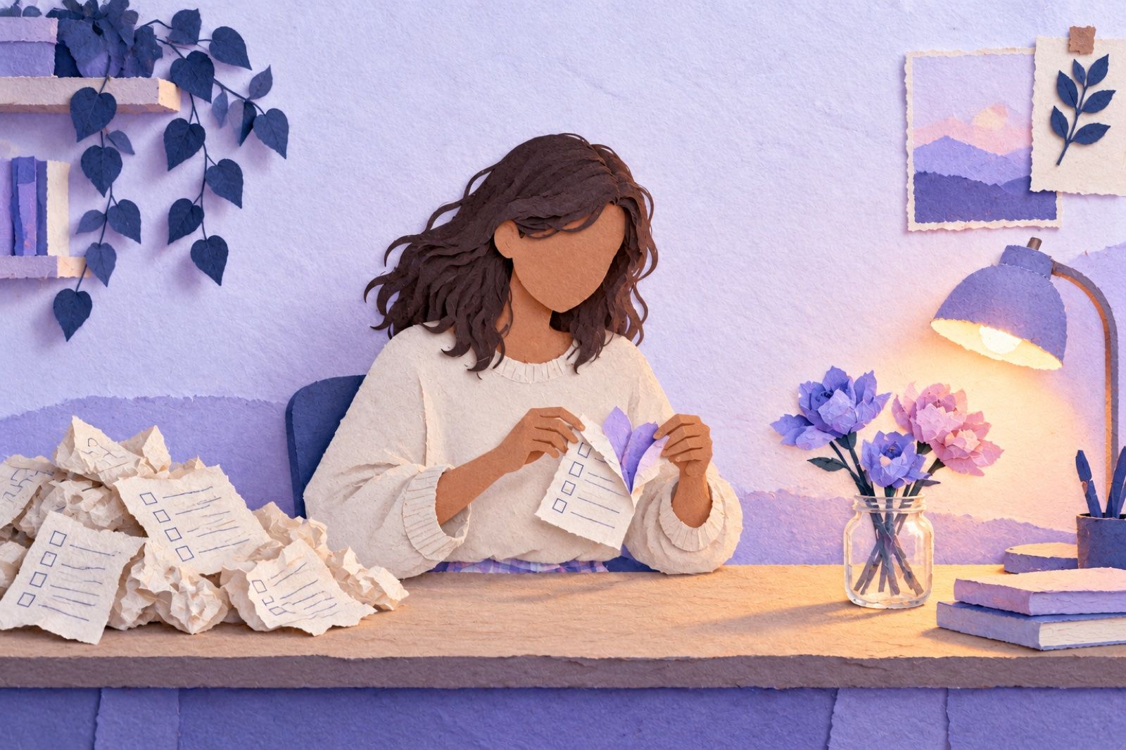 A woman's hands folding crumpled paper checklists from a pile on her desk into small lavender paper flowers