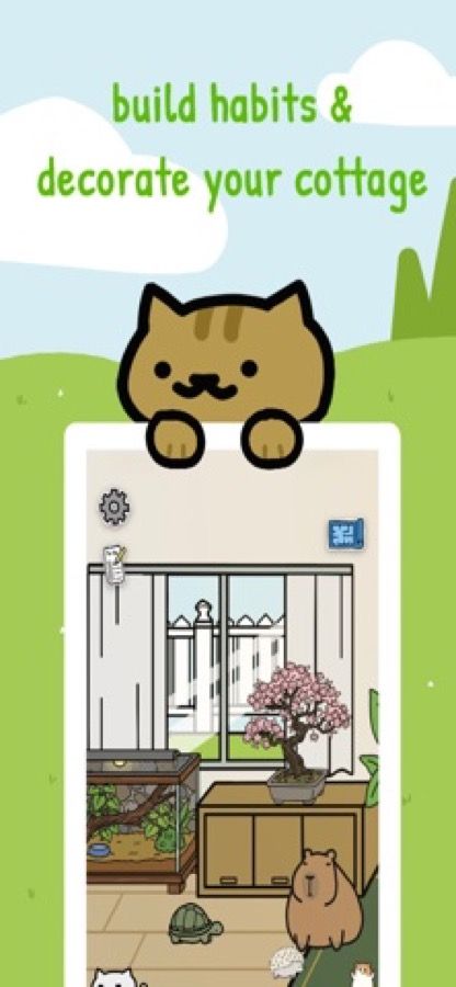 Haven's App Store screenshot: a cartoon cat peeks over a cozy cottage room with a bonsai, a tortoise and a capybara
