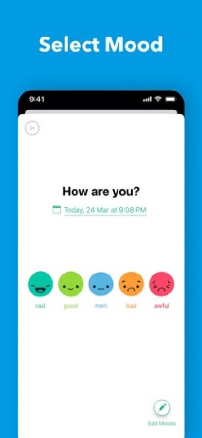 Daylio's App Store screenshot asking How are you? above five mood faces running from rad to awful