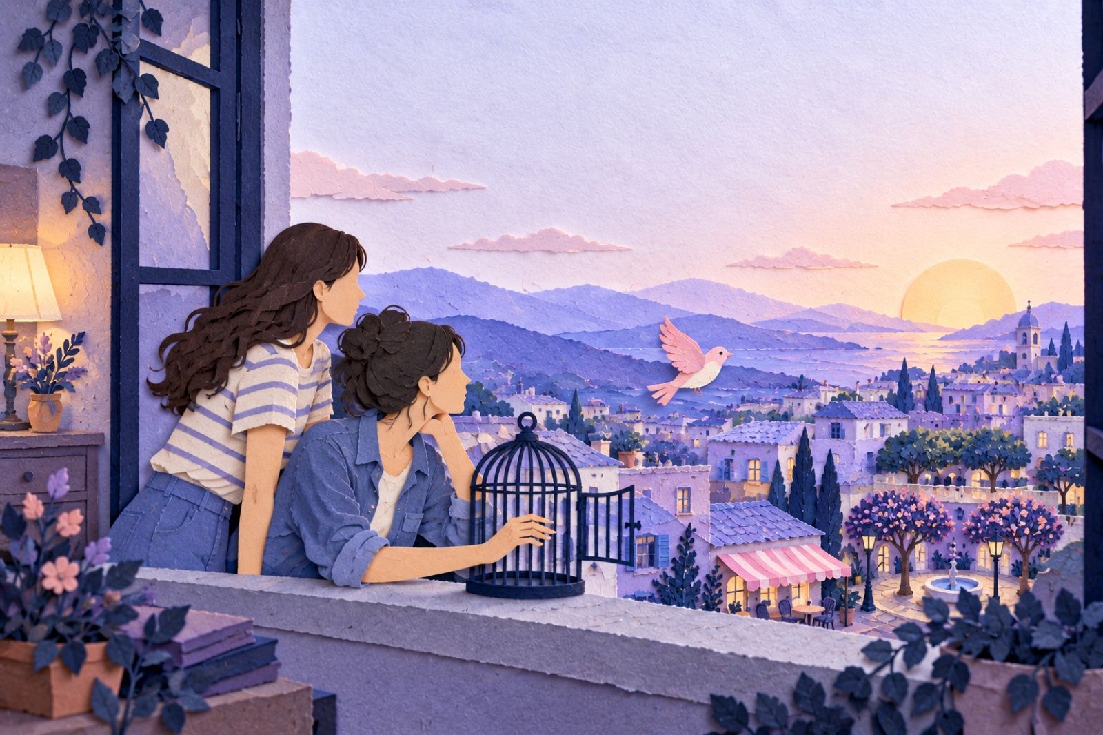 A paper birdcage stands open on a windowsill while a paper bird flies out toward a wide paper city of rooftops and gardens