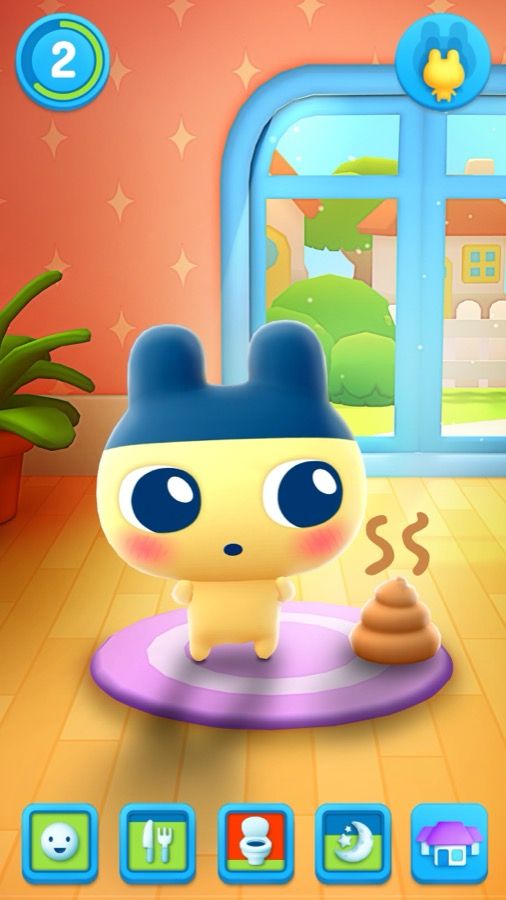 My Tamagotchi Forever's care screen: a round yellow character on a rug, a mess beside it and care buttons along the bottom