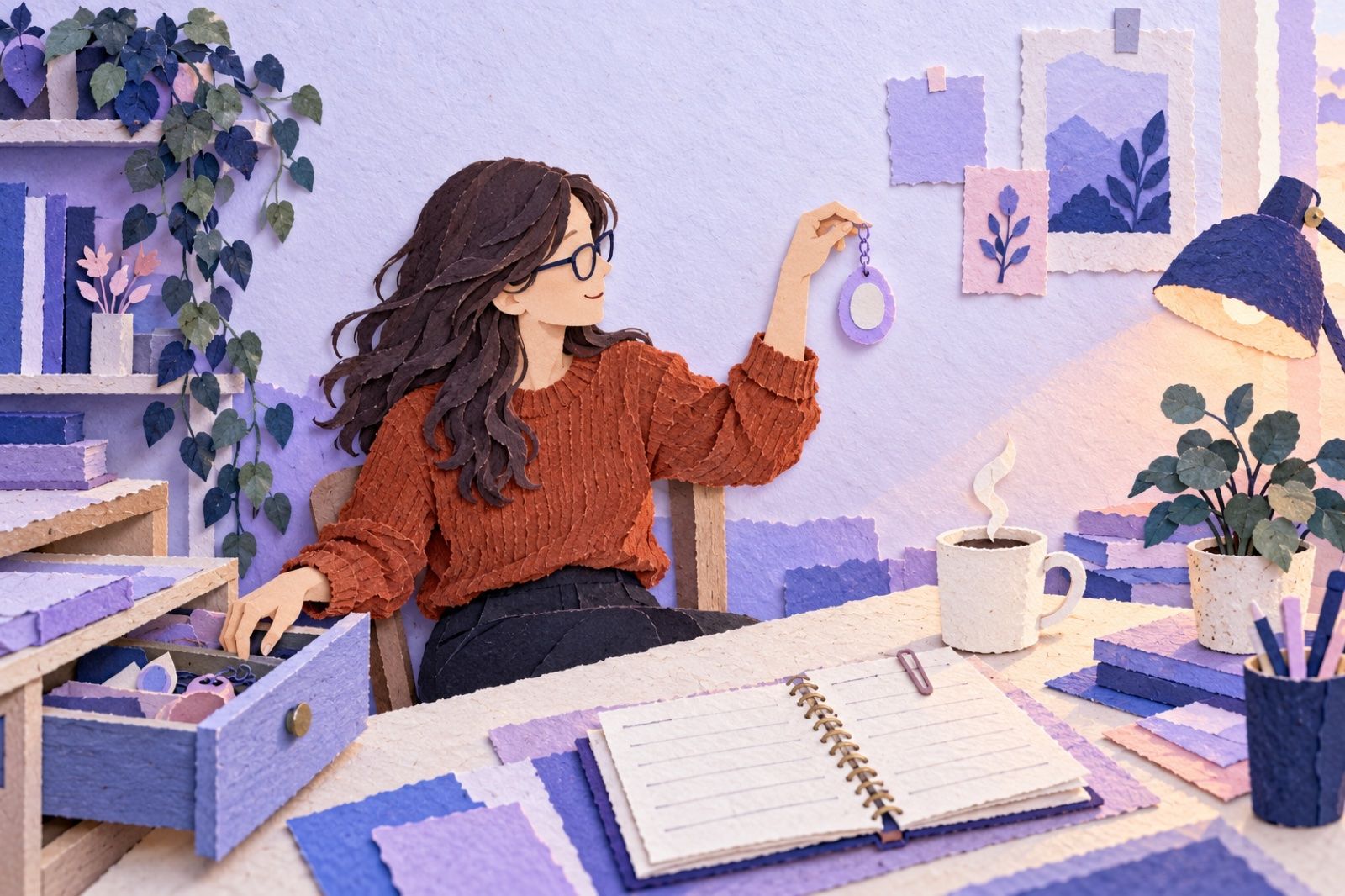A paper-cut woman at a busy desk holds up a small egg-shaped keychain pet she just found, beside her coffee mug, planner and plant