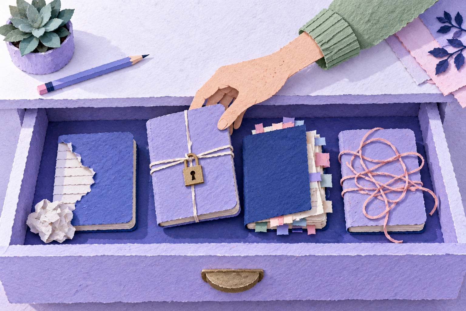 A paper hand lifts a padlocked notebook from a drawer of four notebooks, each set aside for a different reason