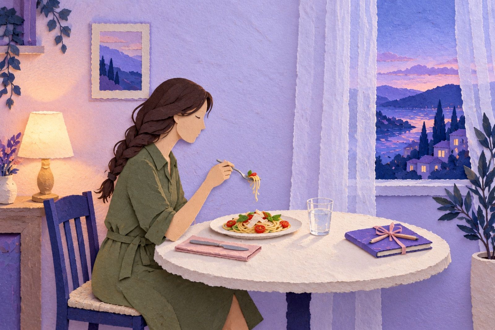 A paper-cut woman lifts her fork over a colourful dinner for one while a small notebook sits tied shut at the table's edge