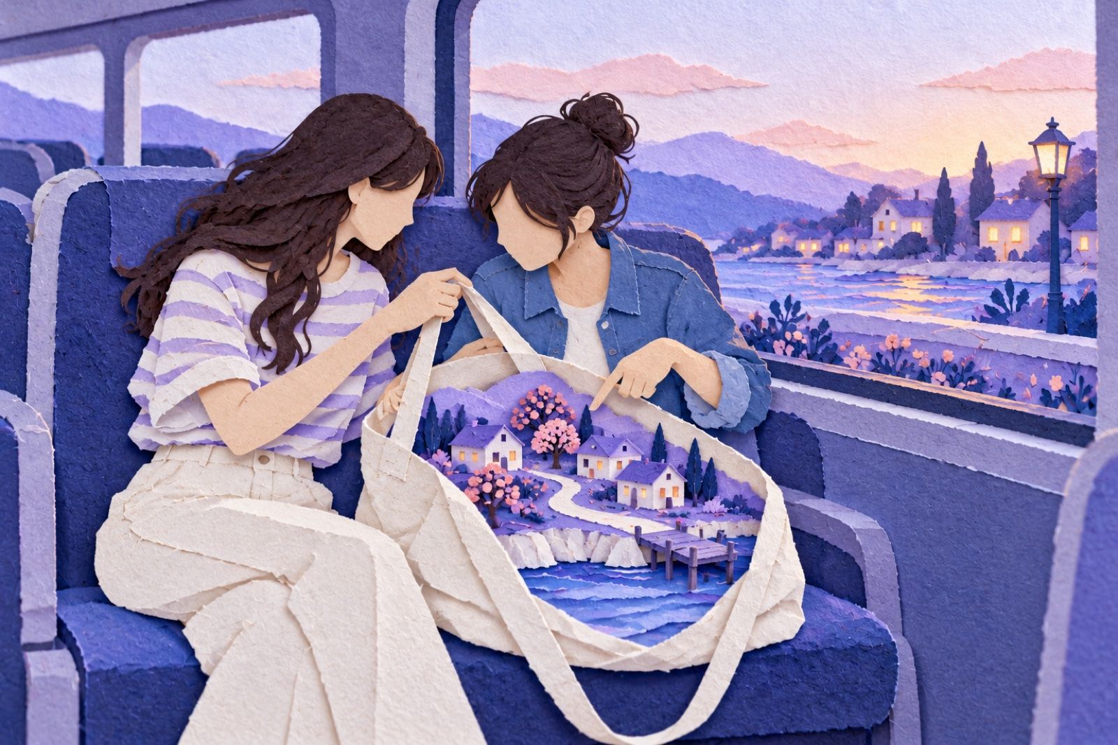 A paper-cut diorama of a tiny village with houses and fruit trees growing out of an open tote bag on a bus seat