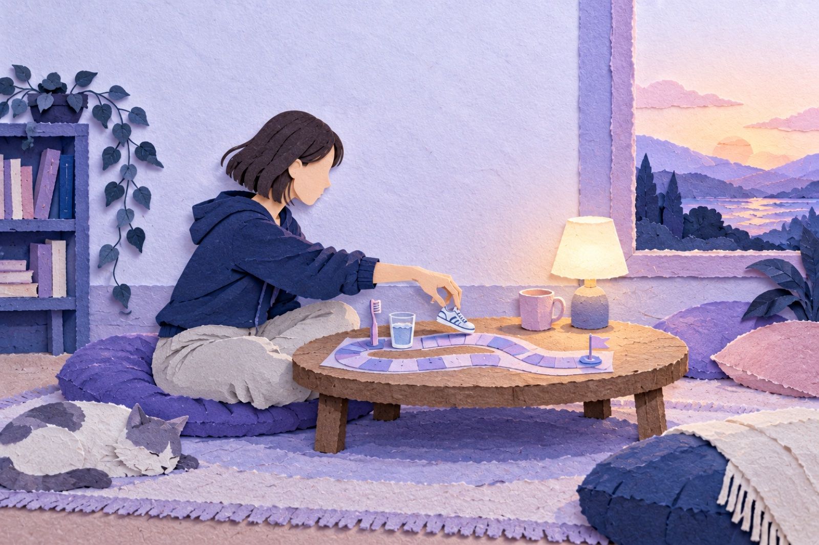 A young woman moves a tiny paper sneaker along a paper board game whose other pieces are a toothbrush and a water glass
