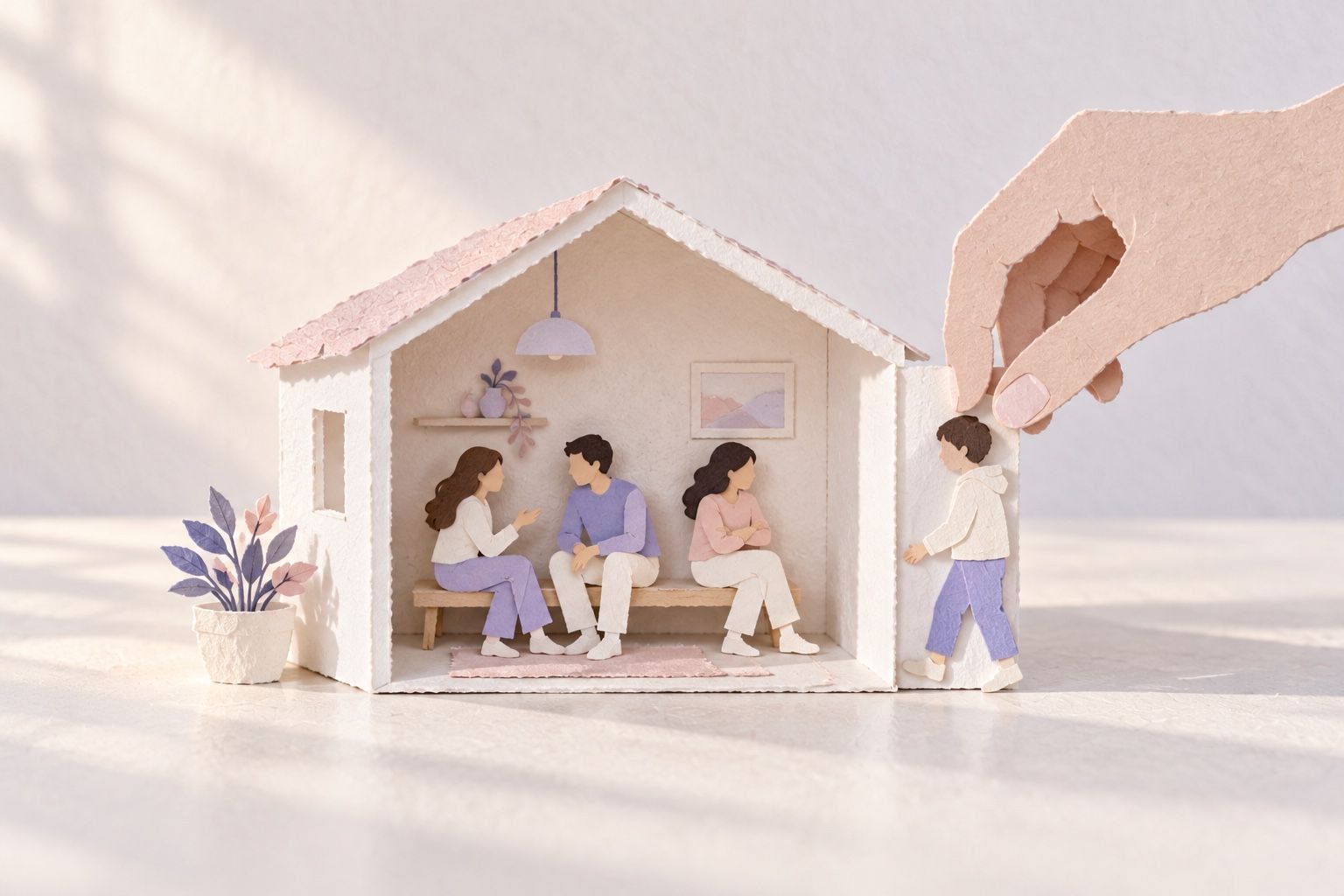 A paper hand places a small paper figure at the door of an open dollhouse room where three friends chat on a bench