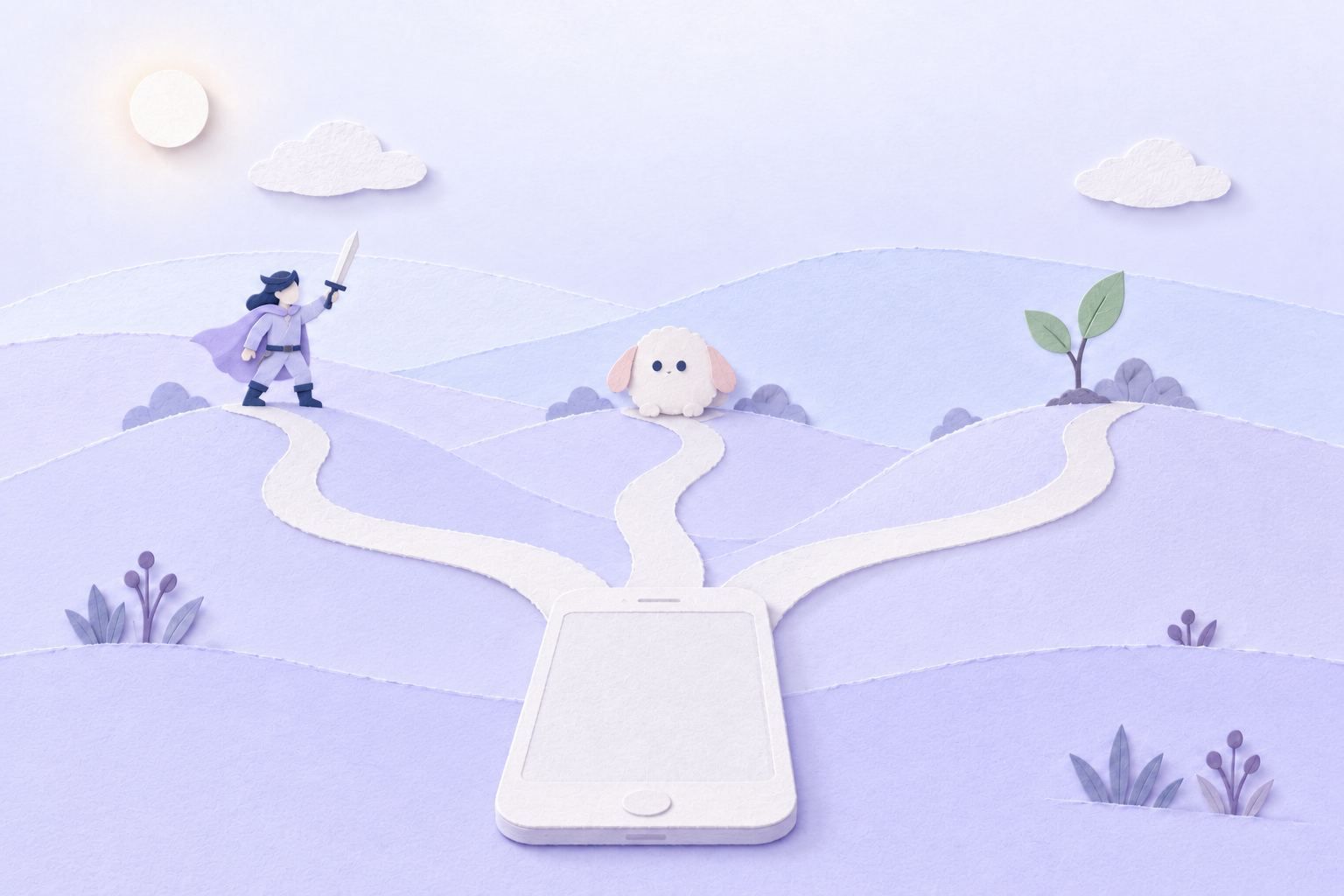 Paper-cut scene of three paths leaving one phone: a tiny sword hero, a round pet and a sapling on a small hill