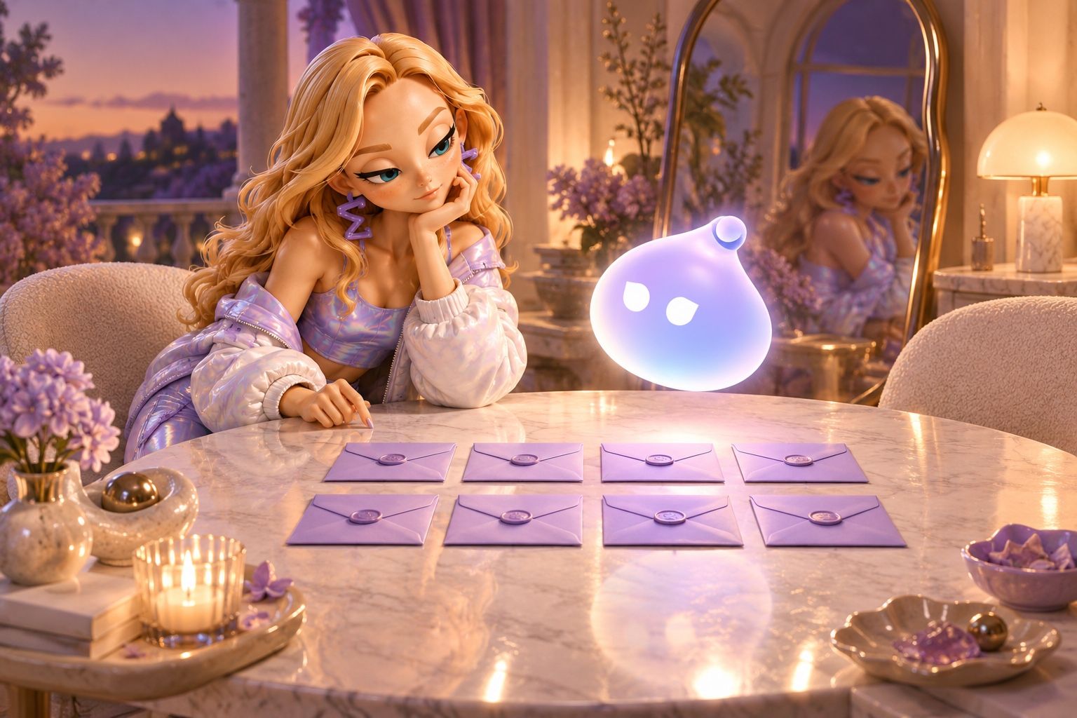 Genii hosts eight sealed envelopes at a lamplit table beside Miia