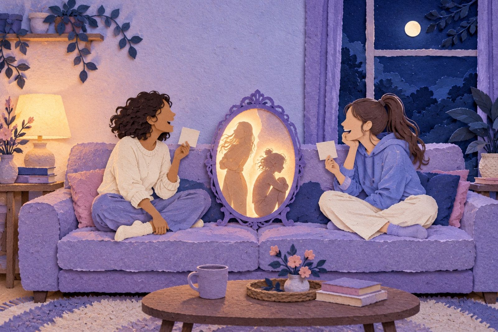 Two paper-cut friends on a sofa hold quiz cards beside a mirror reflecting two different silhouettes