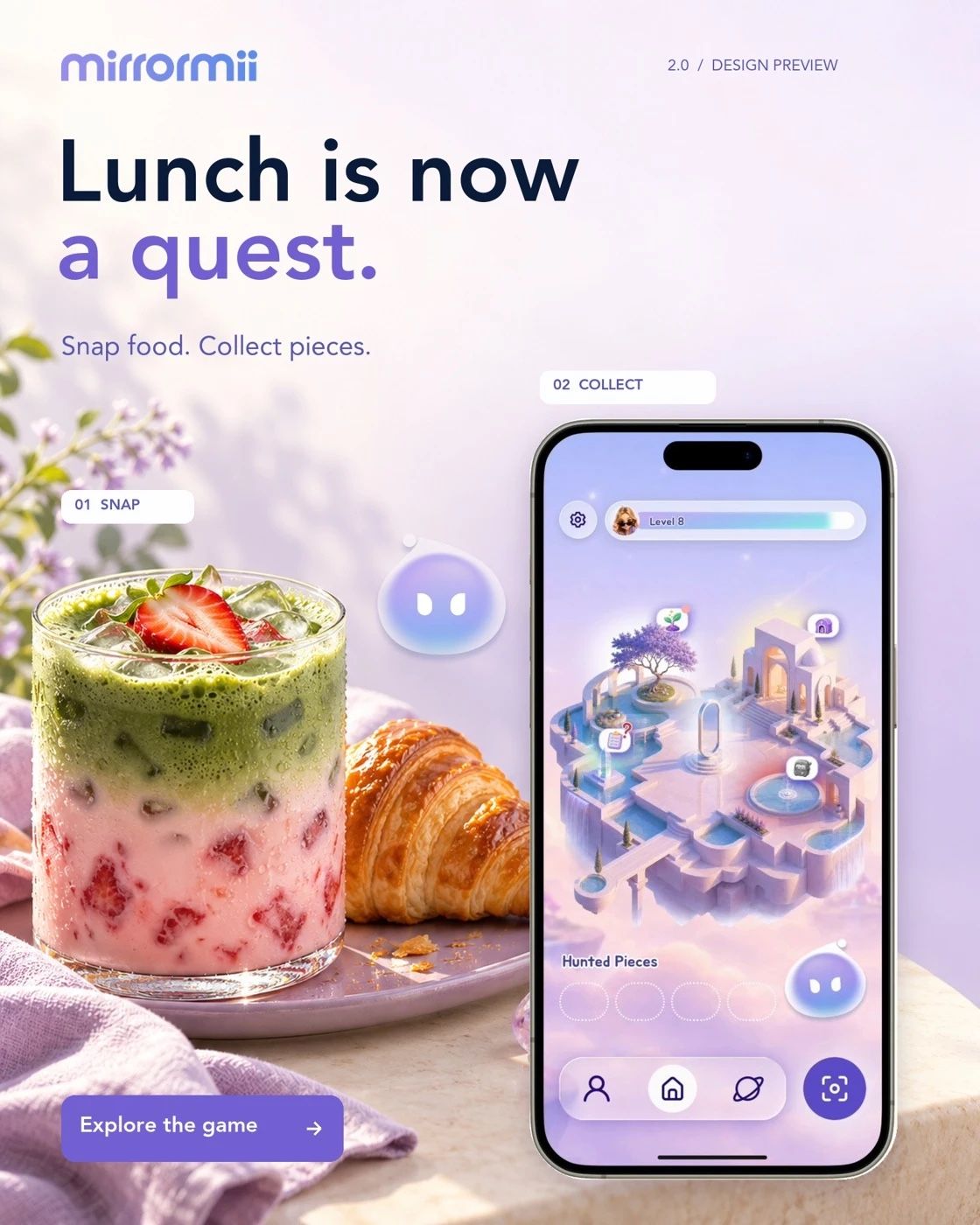 Lunch is now a quest. Snap food, collect pieces: an iced matcha and a croissant beside a phone showing the MirrorMii 2.0 island