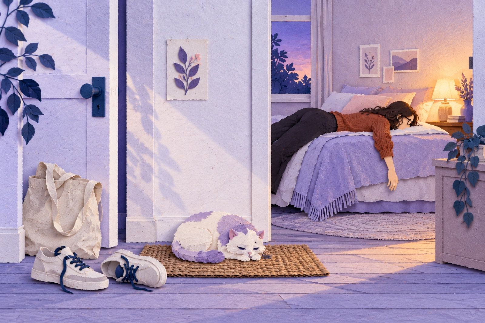 A paper-cut pet curled up by a bedroom door at dusk beside kicked-off shoes, while a tired woman lies face down on the bed