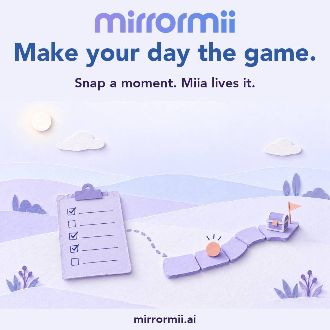 MirrorMii card: a paper checklist becoming a board-game path, under the line Make your day the game.