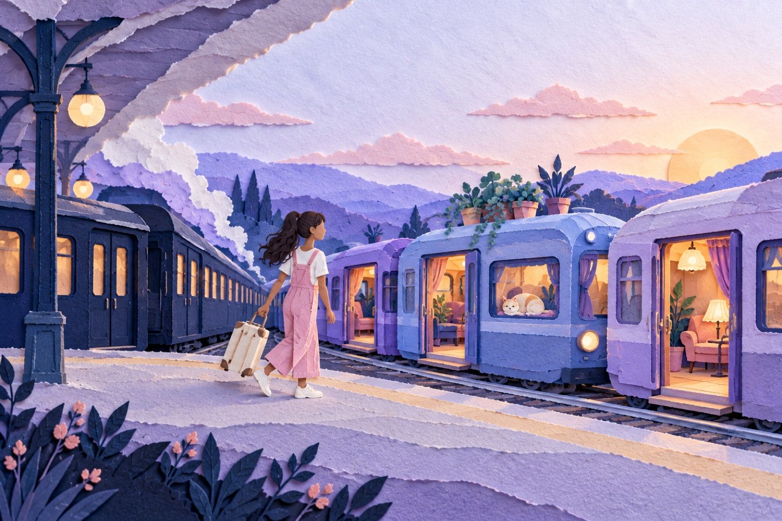 A paper-cut woman with a small suitcase stands on a paper train platform, choosing between several cozy paper trains with warm lit windows