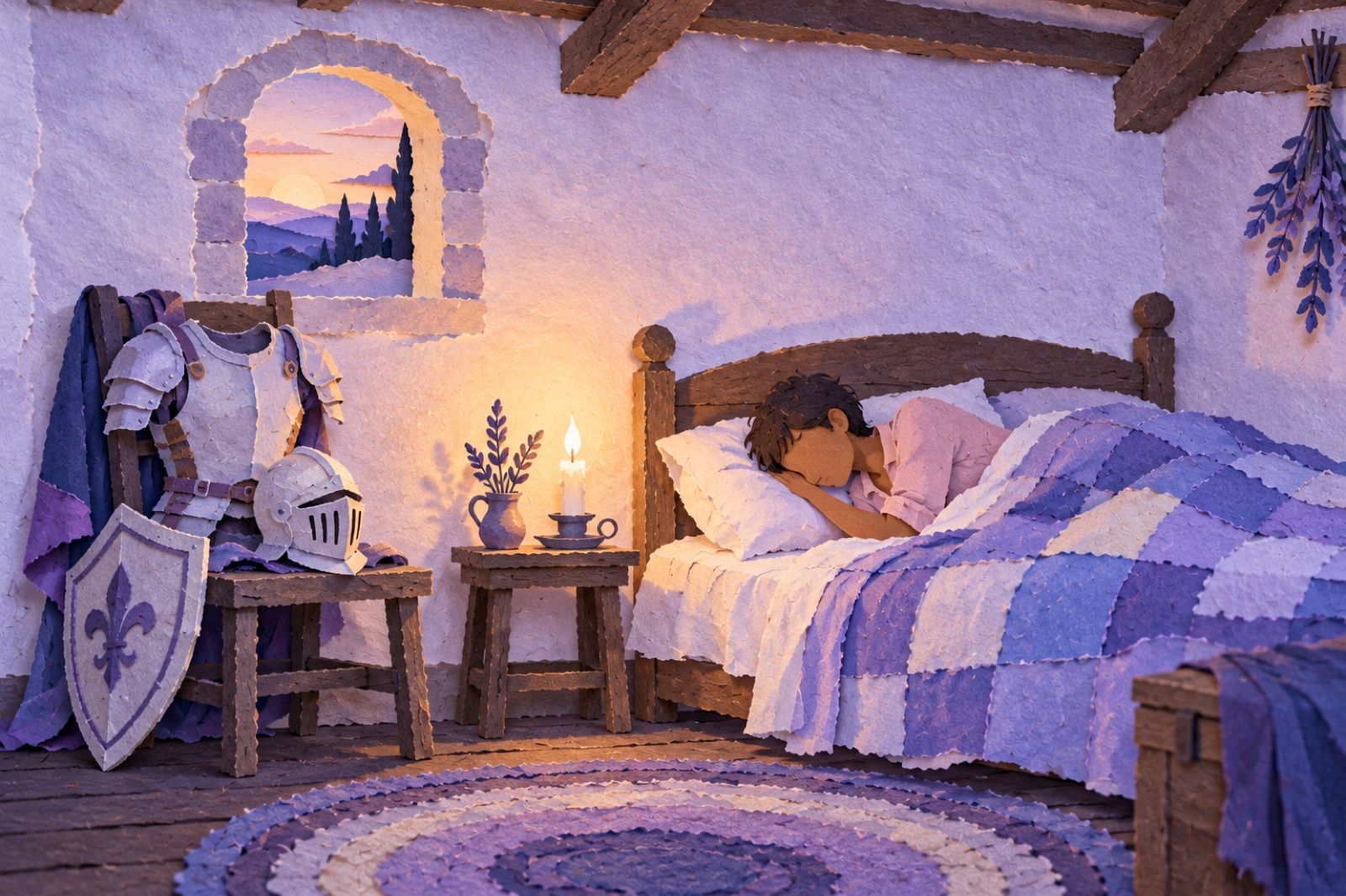A paper-cut young woman asleep in a cozy inn bed by candlelight, her knight's armour hung neatly over a wooden chair beside her