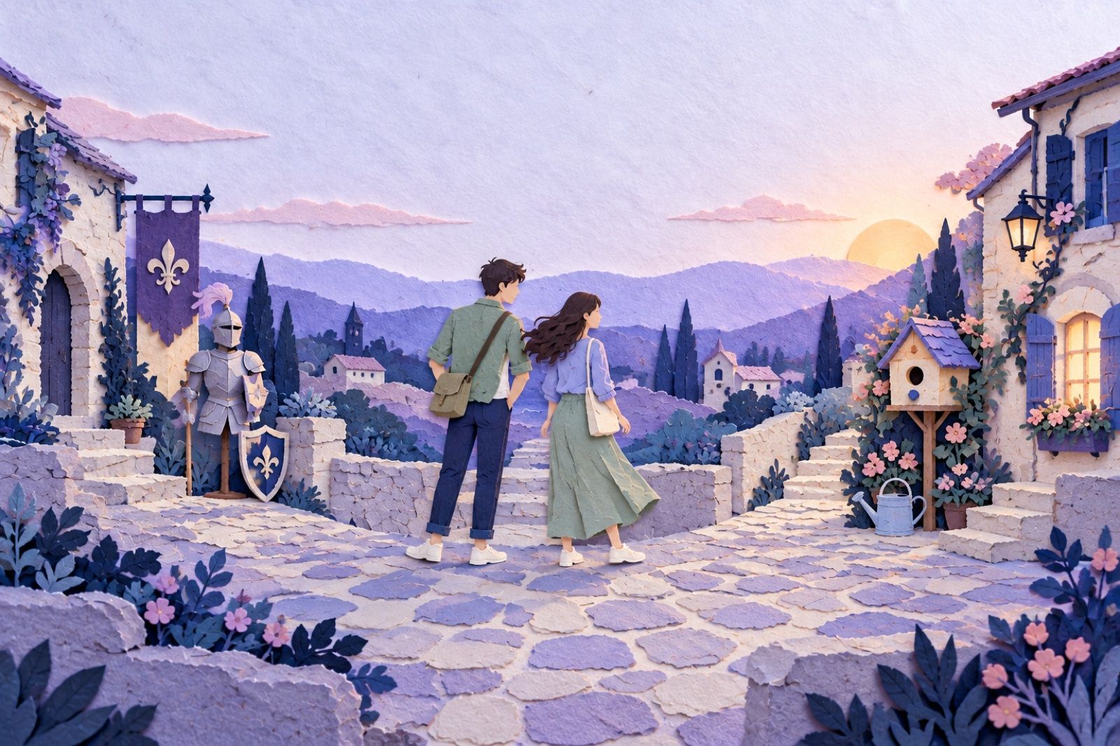 A paper-cut town square where a young woman pauses at a fork between a tiny knight's banner and a cozy birdhouse