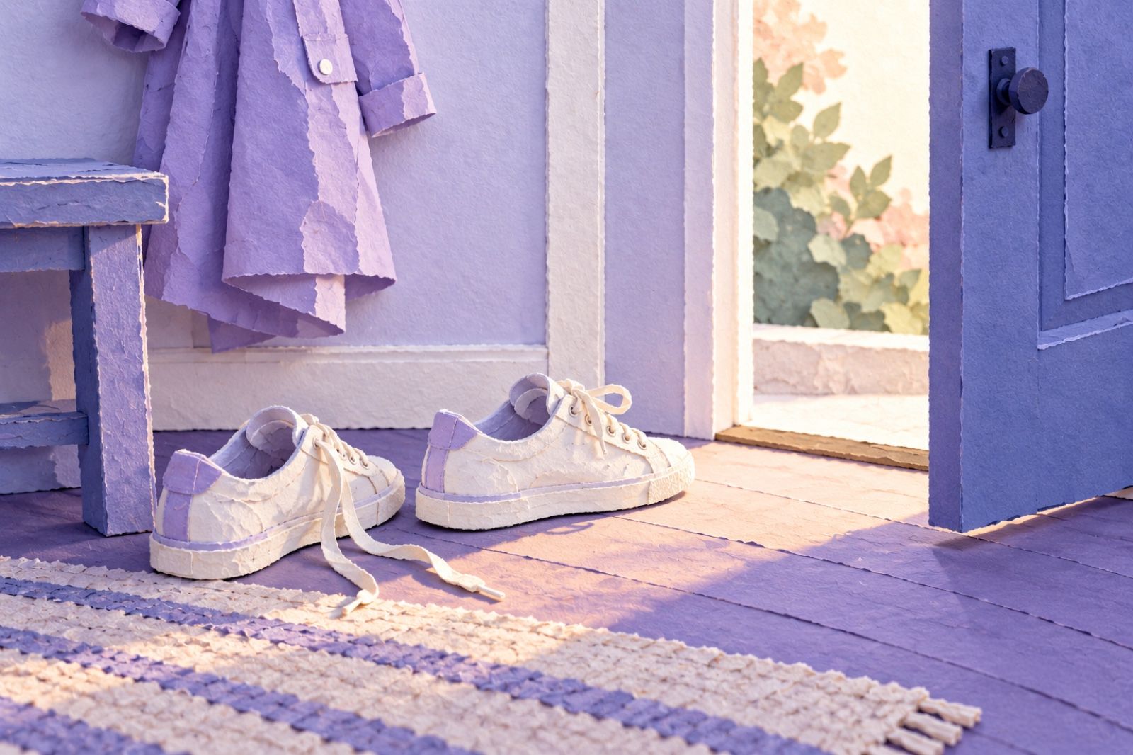 Paper walking shoes beside an open doorway, one shoe laced and pointed toward the small step outside