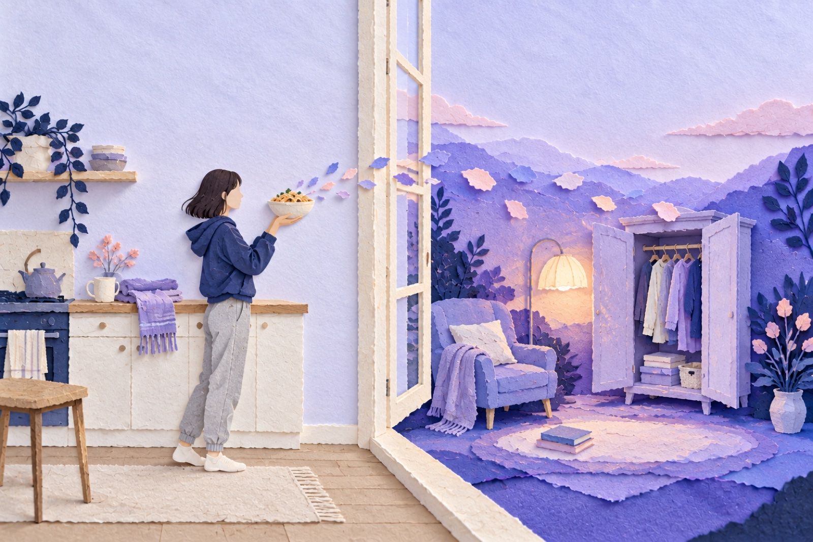 A paper-cut diorama split by a window frame, an everyday room on one side, a whimsical paper room on the other, paper pieces drifting between