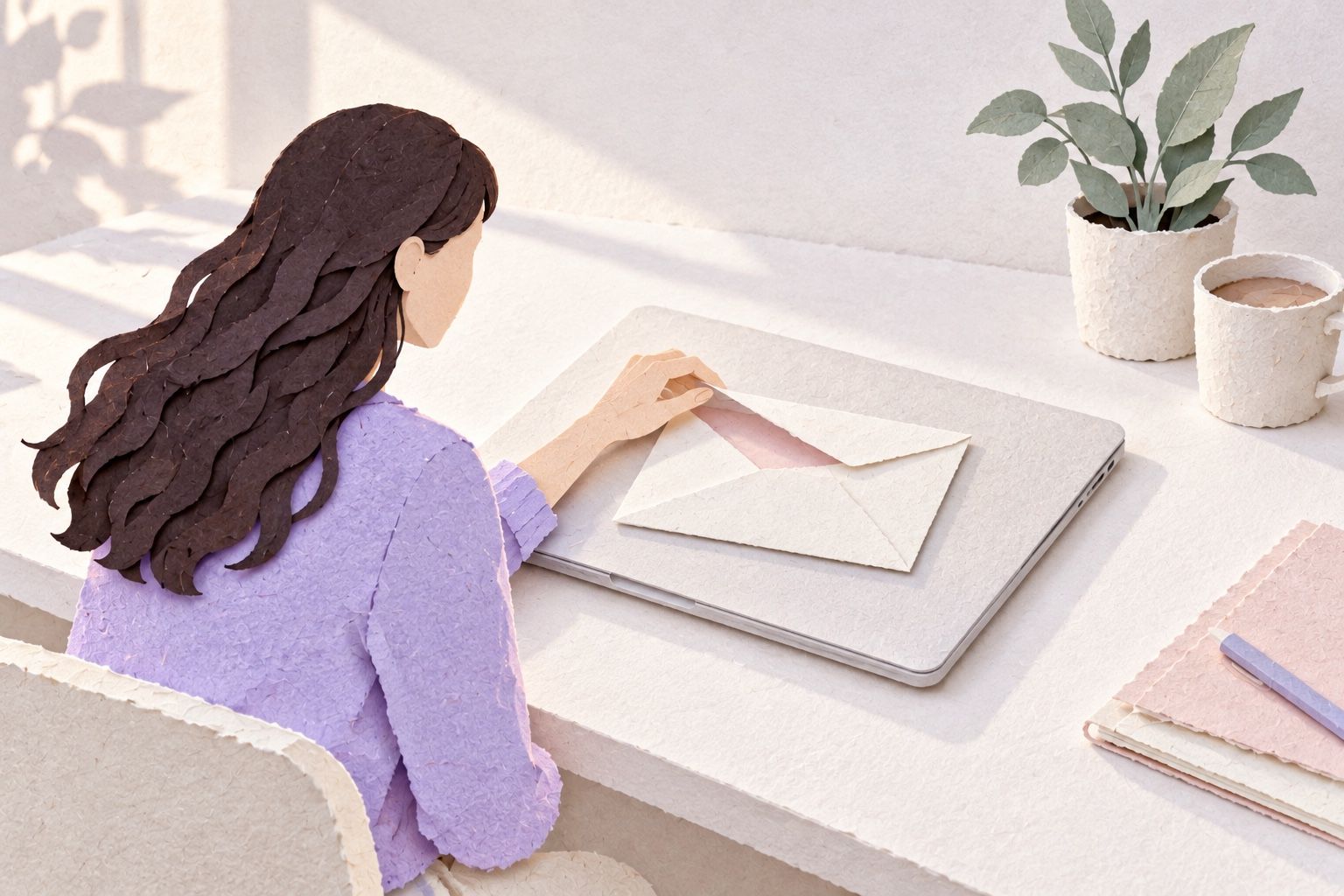 A paper figure at a tidy desk lifts the flap of an envelope resting on a closed laptop
