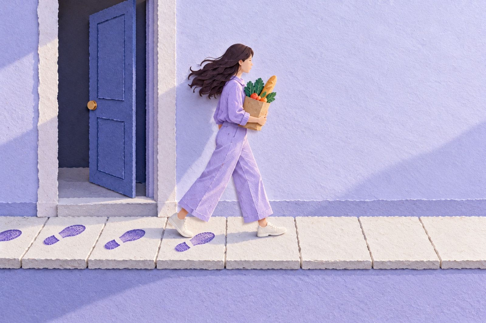 A paper woman walks with groceries while footprints mark the tiles she has crossed