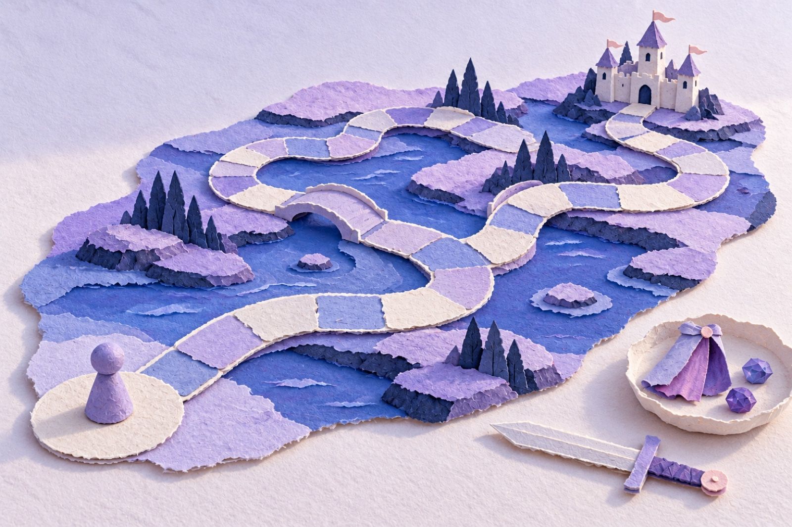 An open paper adventure board with a pawn and castle, while optional gems and a cape sit in a separate tray