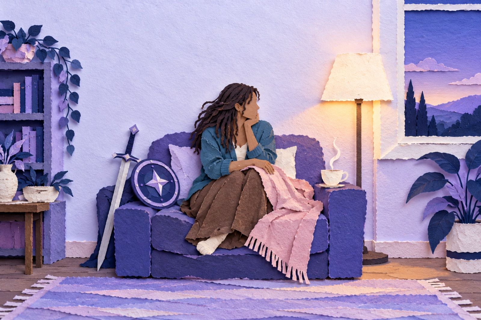 A paper-cut woman in a lavender sweater sits in an armchair between a tiny sword and shield and a cup of tea