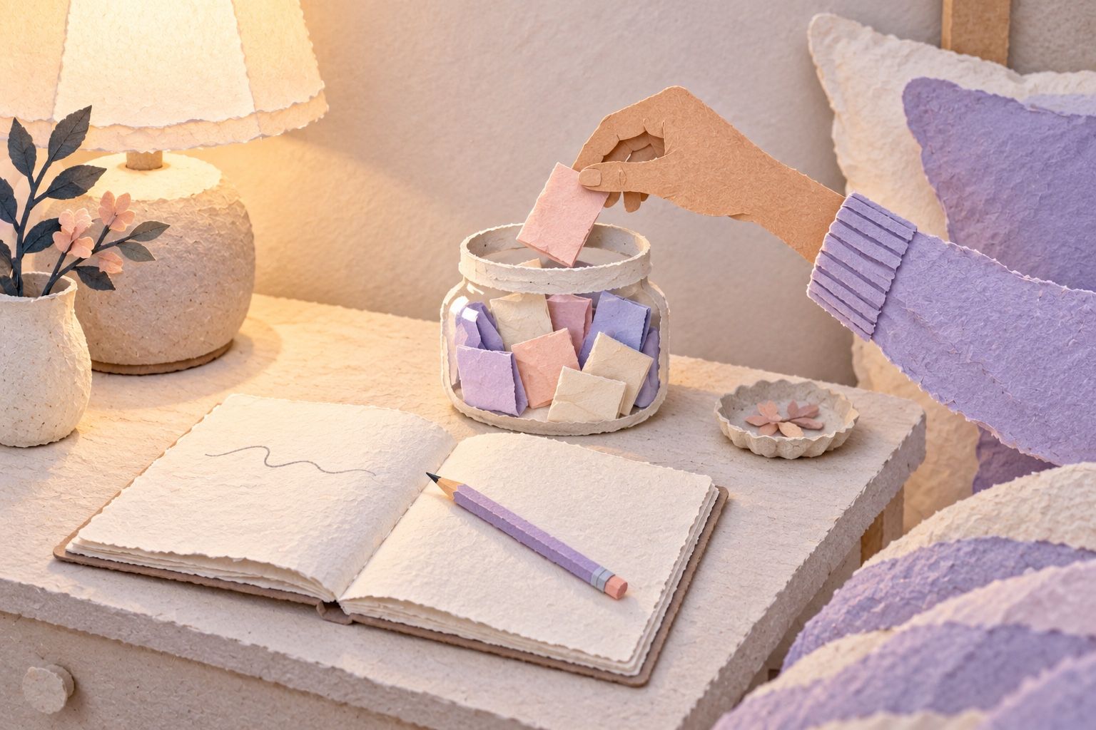 A paper hand lifts a pink slip from a jar of folded prompts above an open notebook with one pencil squiggle