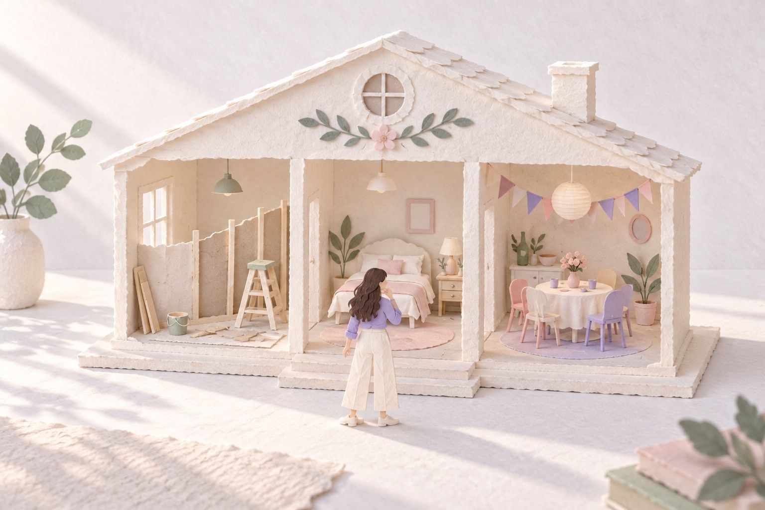 A paper figure stands before an open dollhouse with three rooms: a wall being built, a tidy bedroom and a party room with bunting