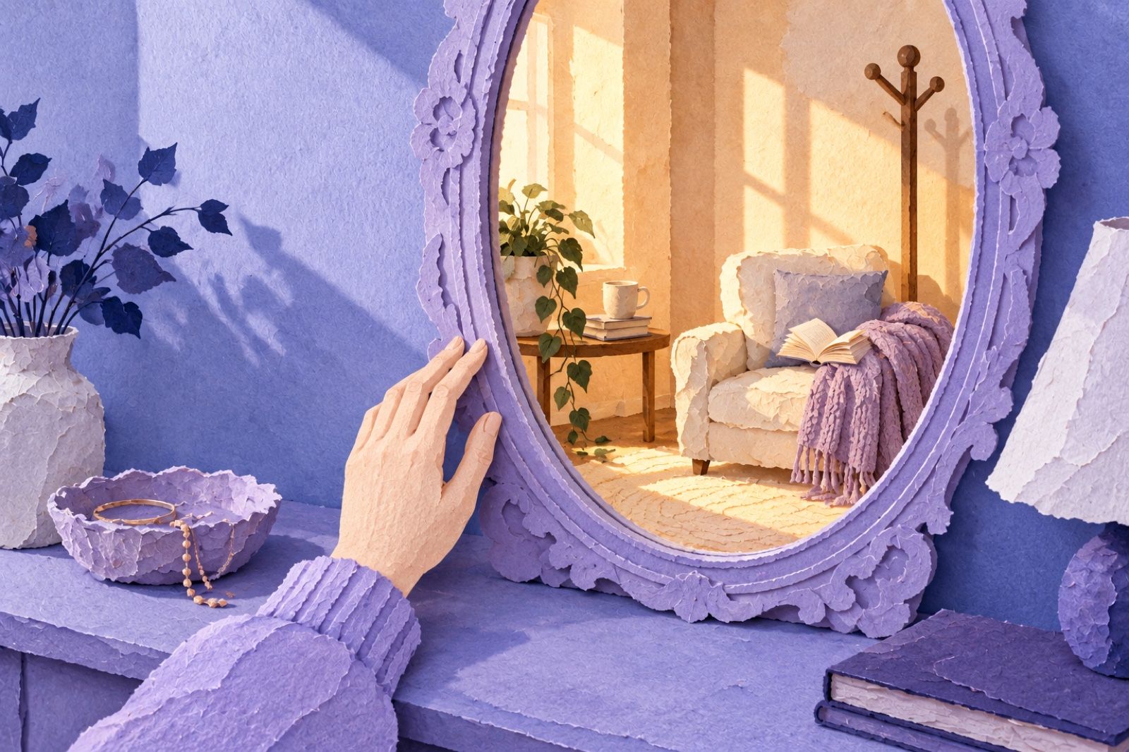 A paper mirror reveals an empty reading chair, an open book and an empty coat hook in a warm room