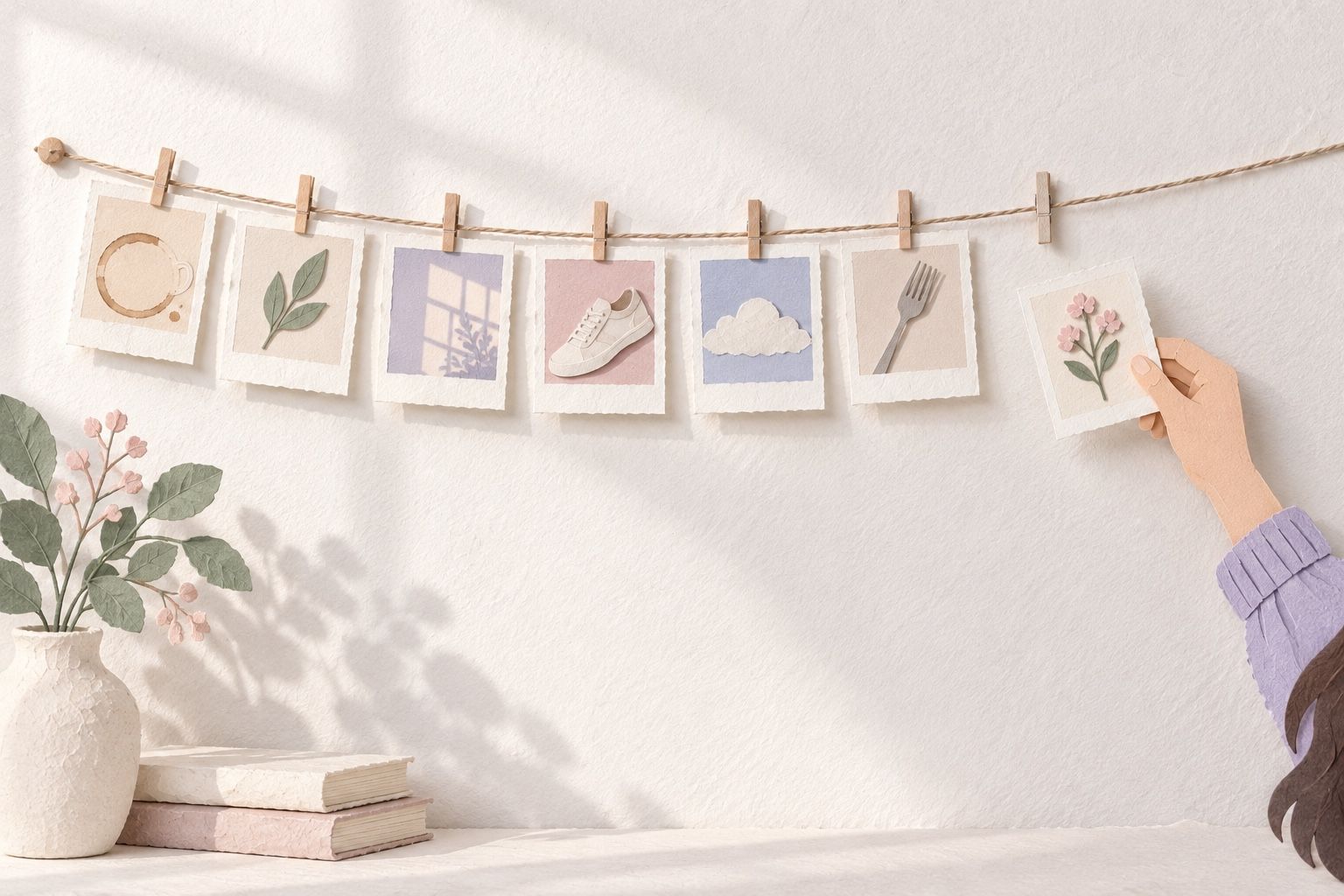 A string of small paper prints of a mug ring, a leaf, a shoe, a cloud and a fork, with a hand adding one more