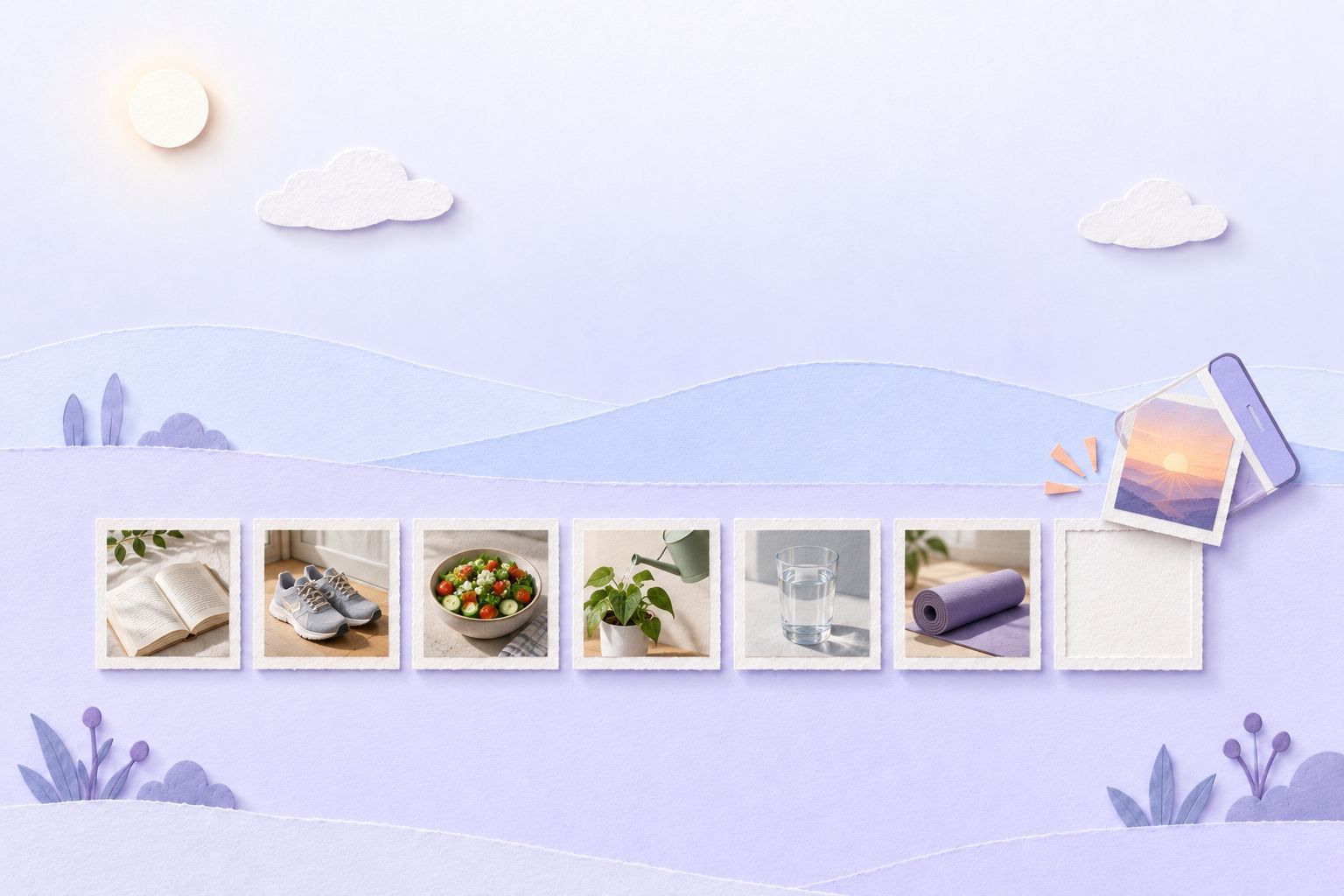 A paper habit chart whose tick boxes hold tiny photos instead of ticks: a book, running shoes, a salad and a plant