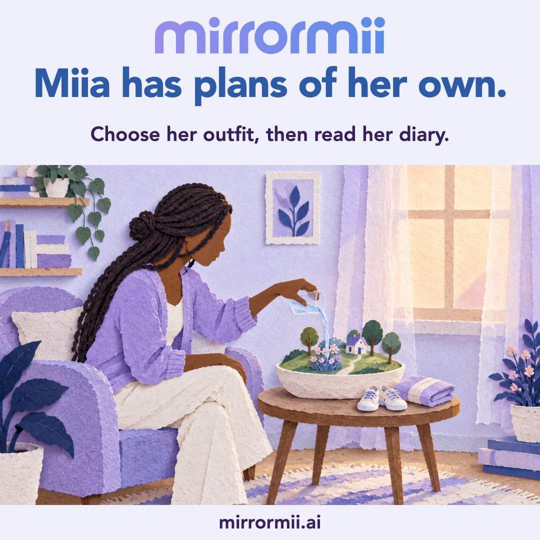 MirrorMii card: a woman tending a miniature garden, under the line Miia has plans of her own.