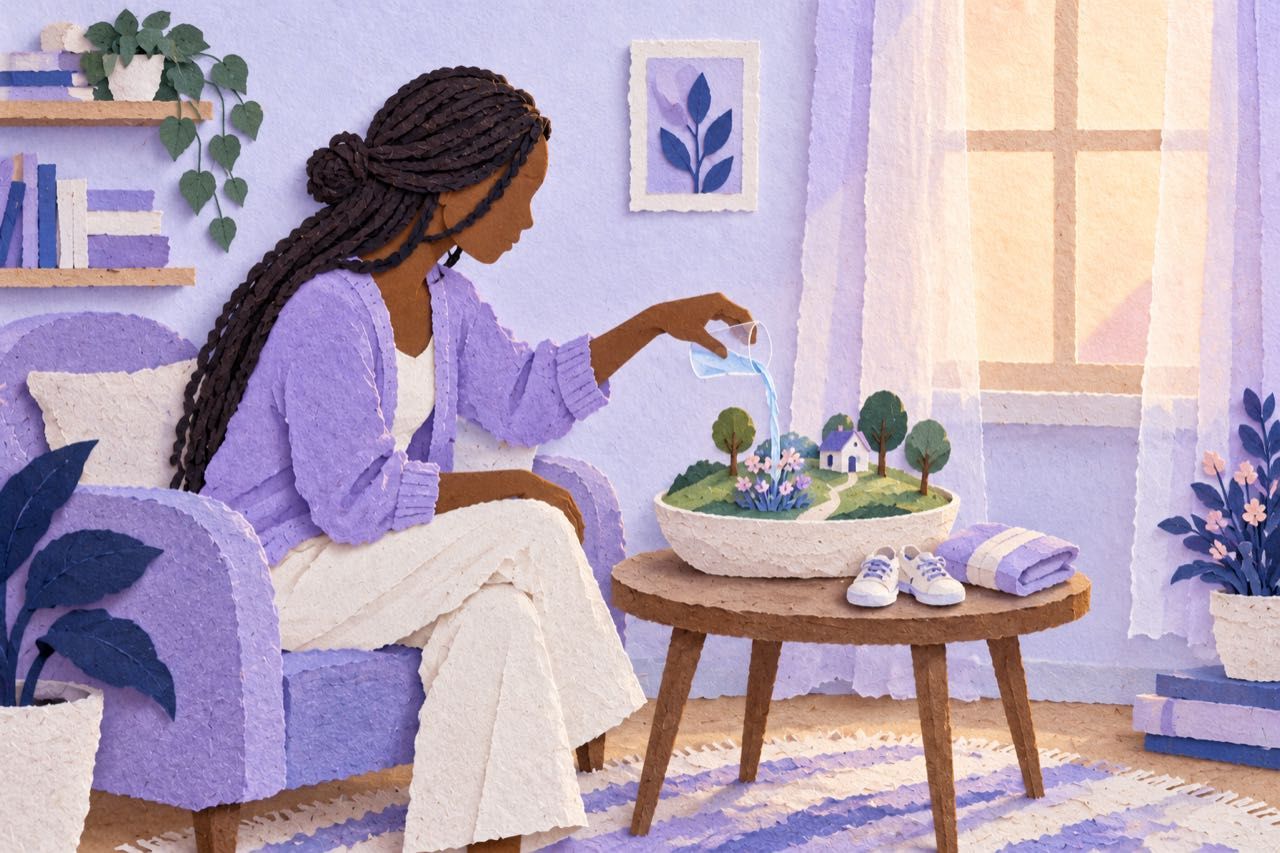 A paper-cut woman pours a ribbon of water from a glass onto a small paper garden, where pink and blue flowers spring up
