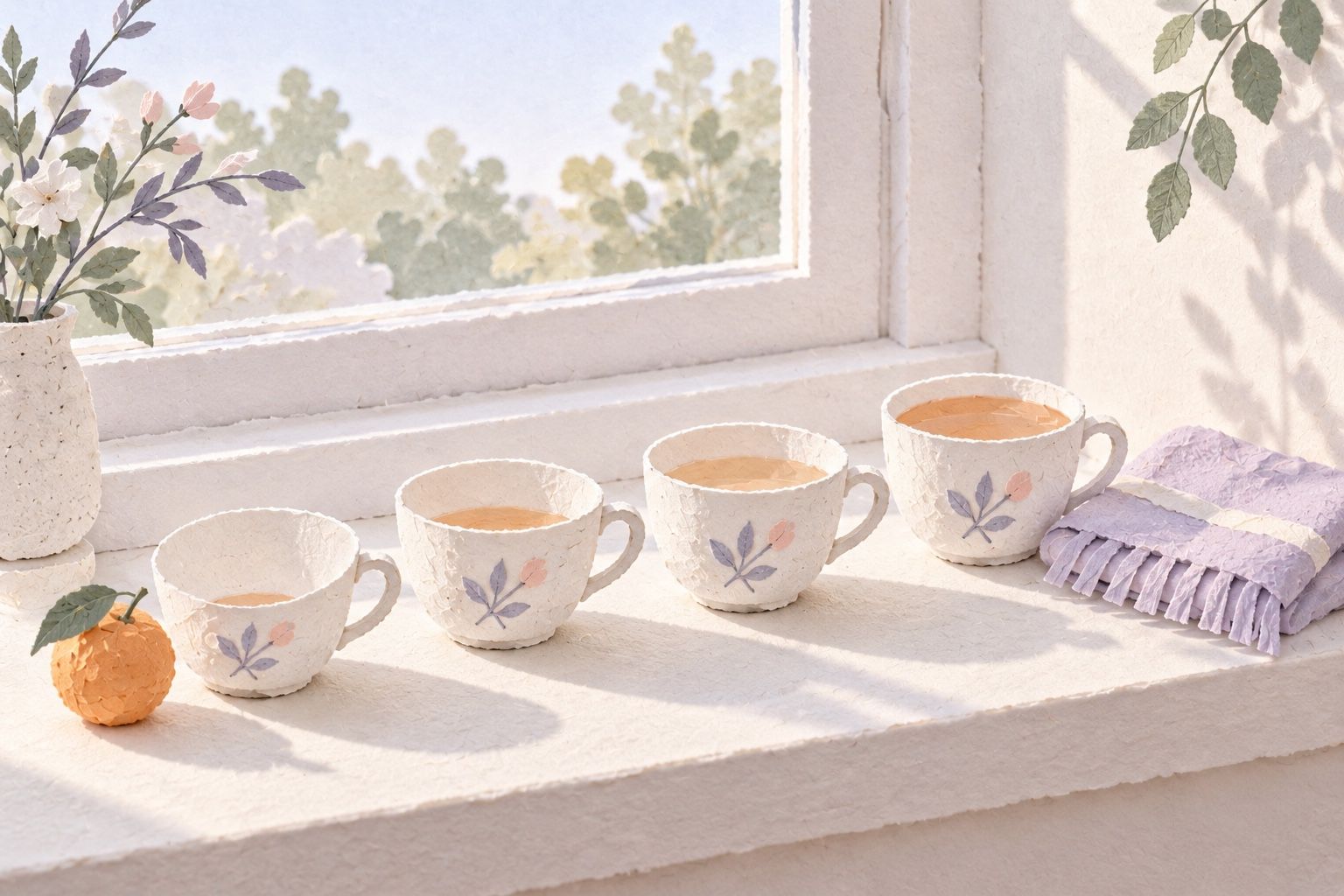 Four paper teacups on a sunny windowsill, filled to different levels, with an orange by the emptiest and a folded blanket by the fullest