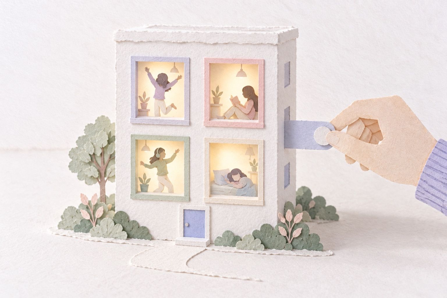 A white paper apartment block with four lit windows, each showing a figure jumping, reading, dancing or asleep, beside a hand on a slider