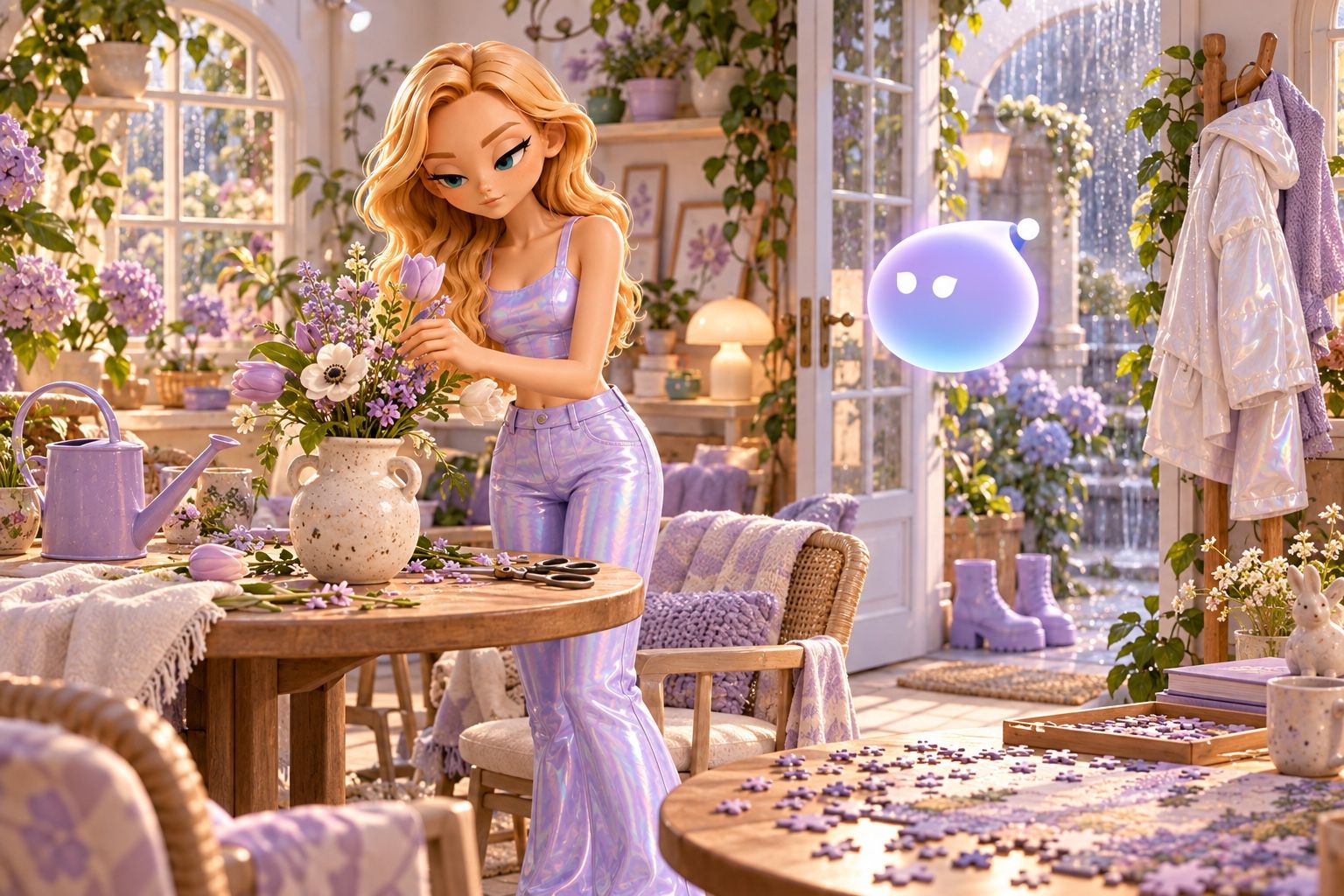 Miia arranges flowers in a sunroom while Genii waits by the open doorway