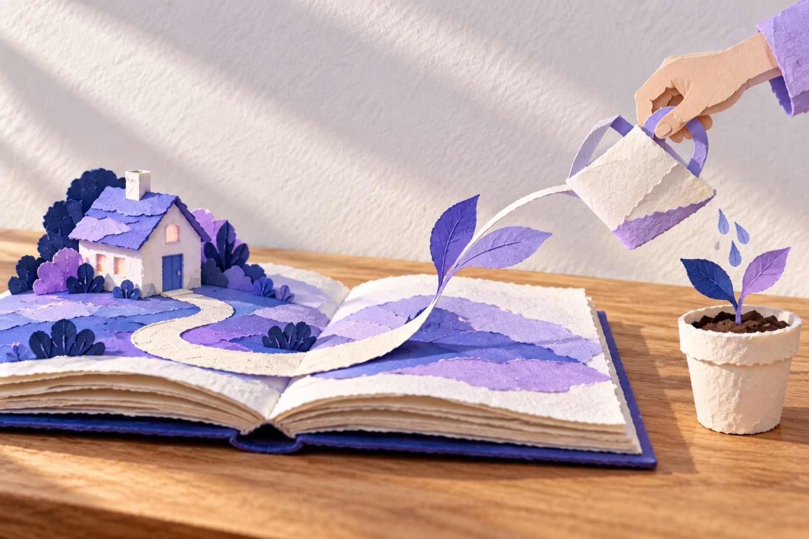 An open paper storybook holds a tiny cottage beside a watering can and a plant