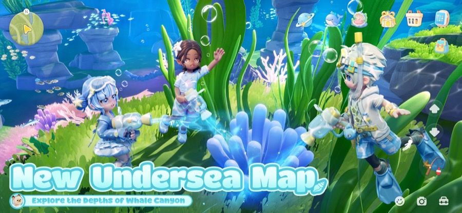 Heartopia App Store screenshot of three players in diving gear exploring kelp and coral on the game's undersea map