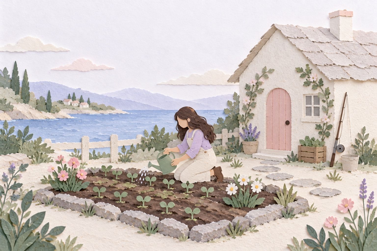 A paper figure kneels to water seedlings beside a white cottage with a pink door and a fishing rod