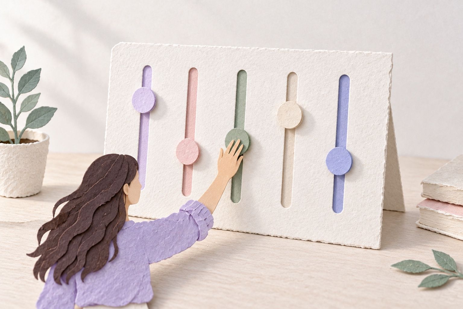 A paper figure adjusts one of five sliders on a white panel, each knob set at a different height